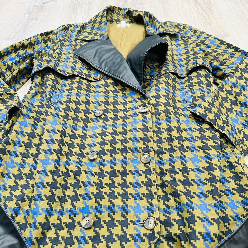 The Drop signedblake Houndstooth Trench Coat Olive Blue Faux Leather Trim M - Picture 12 of 16